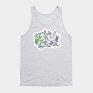 Cute Floral Cat Chilling and Curled Up Tank Top